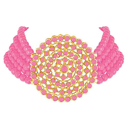Aheli Pearl Diamond Choker Necklace & Round Earrings Gift for Women Indian Traditional Bollywood Fashion Bharatanatyam jewellery set - color: Pink