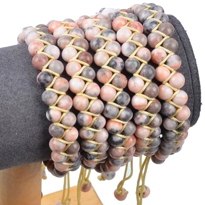 MASSIVE BEADS Double Layer Natural Chakra Healing Power Crystals Macrame Bracelet Yoga Stone Beads Gemstone Meditation Relax Anxiety Bangle for Unisex Women Men - color: Pink Zebra Jasper, size: 4mm