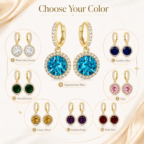 14K Gold Plated Hoop Dangle Earrings for Women, Hypoallergenic Colorful Cubic Zirconia Drop Earrings, Lightweight Huggie Earrings for Women - color: Gold/Aquamarine Blue