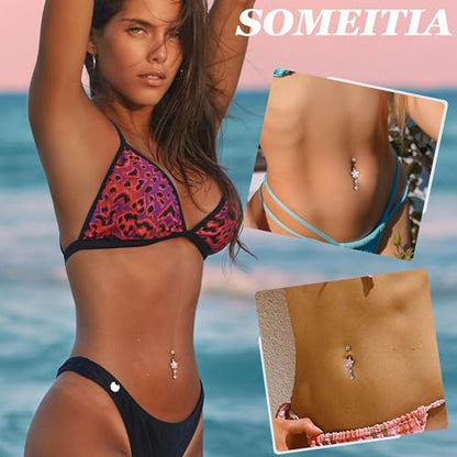 14G G23 Titanium Dangle Belly Button Ring for Women Flower CZ Dangling Belly Rings Cute Dainty Dangly Navel Ring Belly Piercing Jewelry - color: Pink