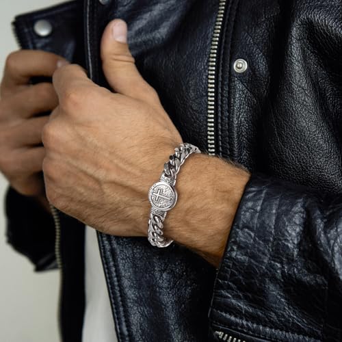HZMAN 8.5Inch Cuban Link Bracelet for Men Silver Stainless Steel Heavy Biker Link Bracelet - color: Cross