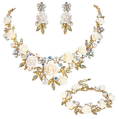 EVER FAITH Costume Jewelry Crystal Simulated Pearl Rose Flower Leaf Prom Party Statement Necklace Earrings Bracelet Set for Women - color: Iridescent Clear AB Gold-Tone