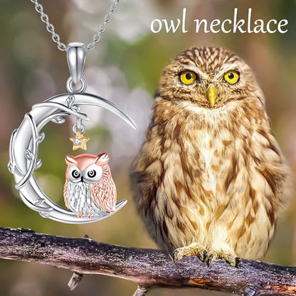 YAFEINI Moon Animal Necklace S925 Sterling Silver Owl/Fox/Red Panda/Possum/Snake/Dachshund Pendant Necklace Animal Jewelry Gifts for Women Mom Wife - style: OWL