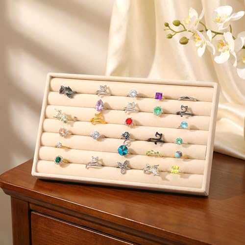 Velvet Ring Box, Earring Holder Organizer Display Tray, Jewelry Rings Earring Tray Display Holder Organizer for Vendors 8.35 x 5.91 x 0.91 Inches Rings Storage Box (7 Slots, Beige)