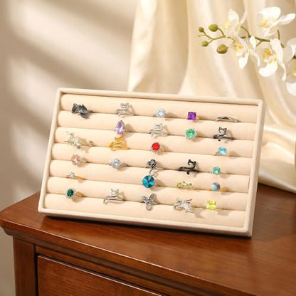Velvet Ring Box, Earring Holder Organizer Display Tray, Jewelry Rings Earring Tray Display Holder Organizer for Vendors 8.35 x 5.91 x 0.91 Inches Rings Storage Box (7 Slots, Beige)
