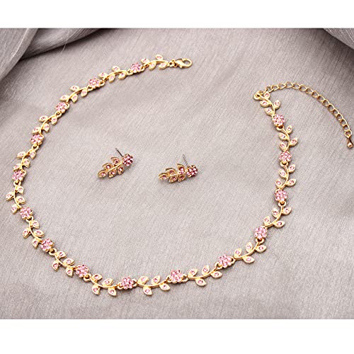Austrian Crystal Rhinestone Choker Necklace Dangle Earring Link Bracelet Jewelry Set for Brides Bridesmaid Prom Costume Accessories for Women - color: En001-Pink-Gold Plated