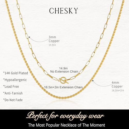 CHESKY 14K Gold Plated Layered Chain Necklace for Women | Trendy Cuban Link Chain, Chunky Paperclip Chain, Toggle Clasp Necklace, Fashion Gold Jewelry, Daily Gift for Women - style: Paperclip Rope-GD
