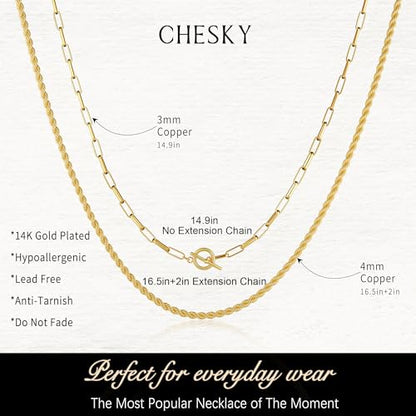 CHESKY 14K Gold Plated Layered Chain Necklace for Women | Trendy Cuban Link Chain, Chunky Paperclip Chain, Toggle Clasp Necklace, Fashion Gold Jewelry, Daily Gift for Women - style: Paperclip Rope-GD