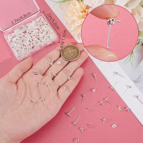 Beebeecraft 1 Box 100Pcs Ball Stud Earring Findings 925 Sterling Silver Plated 304 Stainless Steel Silver Round Post with Loop for Dangle Earring Jewelry Making DIY - color: Silver, size: 4mm Ball