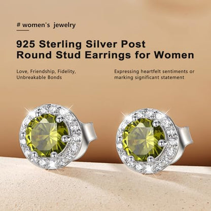 Bestyle 8mm Small Birthstone Earrings for Women with Hypoallergenic Sterling Silver Post,Sparkle Heart/Round Womens Studs Earrings, Great Birthday/Christmas/Anniversary Jewelry for Wife Mother - color: 08. Aug.Peridot-Round