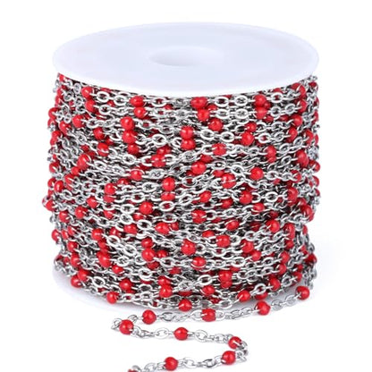 33FT 2mm Stainless Steel Red Enamel Link Chain Bulk Roll for Jewelry Making | 304 Stainless Steel Enamel Beaded Cable Chains Roll Spool for Necklace Bracelet Craft - color: Stainless Steel Red Beads