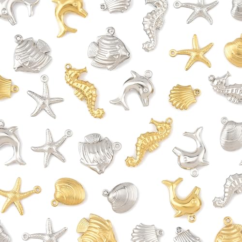 8-64Pcs Silver Goldern Color Heart Pendants Charms 10 Styles Heart Stainless Steel Metal Charms for Jewelry Making Crafting Necklaces Bracelets Earrings Keychains Birthday Gift - color: Marine Organism-36 pcs