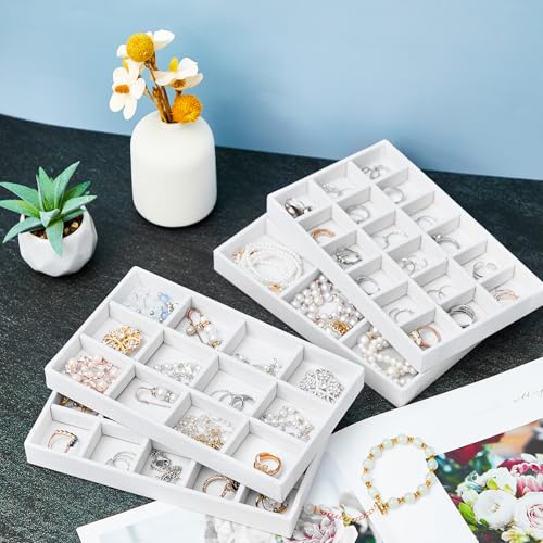 12 Pcs Jewelry Tray Velvet Stackable Jewelry Organizer Trays Divided Earring Accessories Storage Containers Box (Rose Red) - color: White