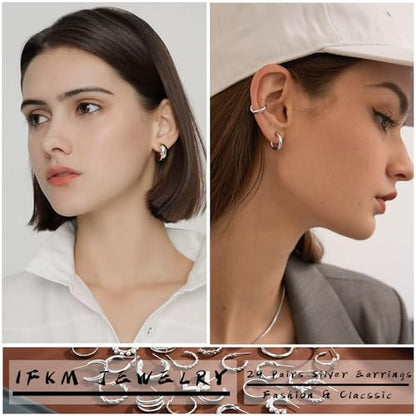 IFKM 24 Pairs Gold Hoop Earrings Set for Women Hypoallergenic Chunky Chain Twisted Open Hoops Dangle Earring Packs for Birthday Party Christmas Fashion Jewelry Gift - color: 24 Pairs Silver