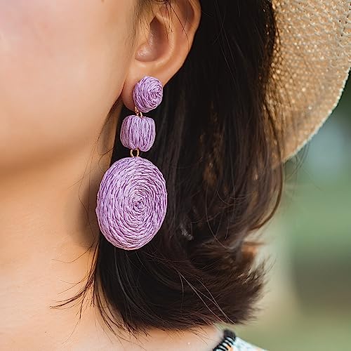 Statement Raffia Boho Round Dangle Ball Earrings - Cute Handmade Summer Bohemian Dangling Jewelry for Women - color: Purple