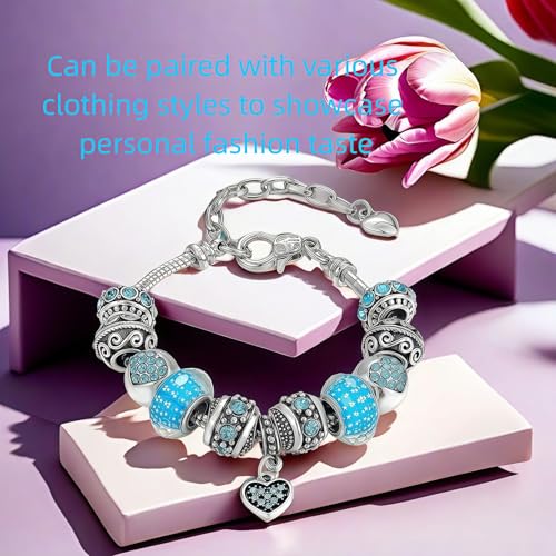 Pink Hearts Silver Plated Charm Bracelet, DIY Jewelry for Women with Beads, Charms, and Adjustable Snake Chain, Fits 7.5"+1.5" - color: Blue, size: 18cm