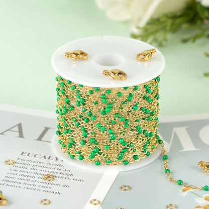 KYUNHOO Gold Plated Jewelry Chain Roll Stainless Steel Cable Chain Links | 16.4 Feet Green Rosary Bead Chains with Jewelry Findings for Necklace Bracelet Making - color: Gold-Green-2mm