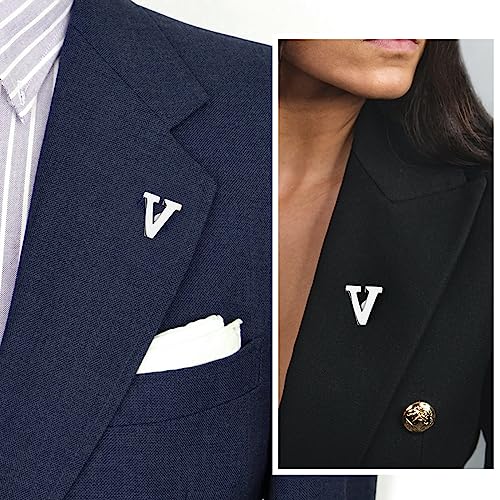 Initial Lapel Pin for Men Women, Brooch Pins for Men Suits, Metal Button Pins in 18K Gold and Silver Tone. - color: Silver-V
