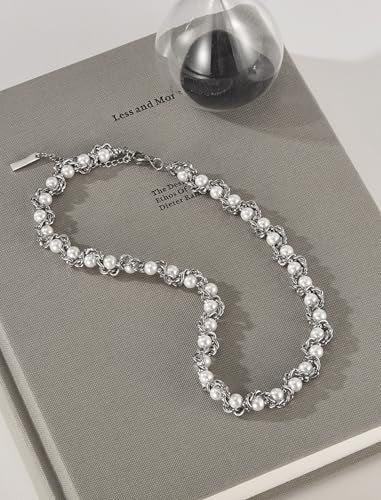 Pearl Chain Necklace for Women, Valentine's Day Mother's Day Jewelry Gifts for Her, White Silver Gold Plated Stainless Steel Link Faux Beads, Bridal Wedding Anniversary Birthday Christmas