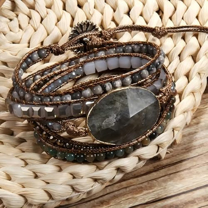 Handmade Boho Wrap Bracelets Natural Turquoise Crystal Stone Variety Beaded Strand Bracelet - color: Gray 2