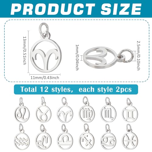 PH PandaHall 24pcs 304 Stainless Steel 12 Constellations Charms Zodiac Sign Pendants Charm Flat Round with Constellation Pendants Astrology Horoscope Charms for DIY Jewelry Craft Making