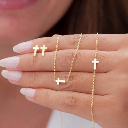 Dainty Cross Jewelry Set Sparkling Rhinestones Earrings Bracelet Necklace Set for Women Religious Faith Cubic Zirconia Cross Studs Earrings Jewelry Set - style: Gold 02