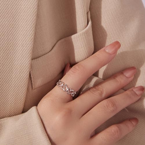 Silver Open Adjustable Stacking Rings for Women, Minimalist Wrap Band Set, Geometric/Heart/Wave/Leaf/Spiral Styles, Hypoallergenic, Gift Box Included, Thumb Ring Option - color: Heart