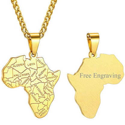 GOLDCHIC JEWELRY Africa Map Necklace for Men, Stainless Steel African Tribal/Egyptian Eye of Horus/I LOVE AFRICA/Elephant Map Hiphop Jewelry Unisex with 22'+2'Adjustable Chain - color: Africa Map - Gold, style: Personalised Engraving
