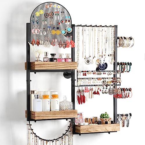 Keebofly Large Jewelry Organizer - Big Wall Mount Hanging Jewelry Holder Display for Earrings, Rings, Necklaces, Bracelets, Makeup, Perfume & Watches - color: Rustic Brown