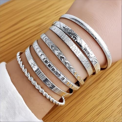 14k Gold-plated multi-layer stackable cuff Bracelet Sets for Women Adjustable Bohemian Open Bangle-Bracelets - color: silvery