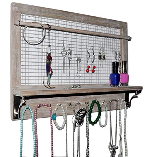 Jewelry Organizer, Wall Mount Jewelry Holder Rack with Hooks Shelf and Removable Rod, Hanging Earrings Necklaces Bracelets Rings, Storage Accessories, Rustic Wood_Grey - color: Country Rustic Grey