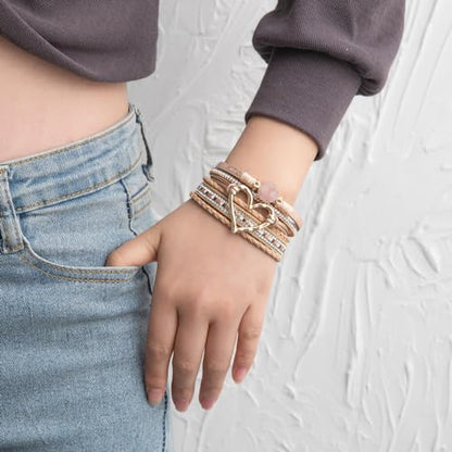 Rantanto Leather Wrap Bracelets For Women Gold Twist Lock Buckle Wrist Cuff | PU leather,Skin-friendly,Boho Stackable Wristband,Fashion Daily Jewelry,Trend Casual Party Bangle,Fit For Birthday, Holiday - color: Heart Khaki