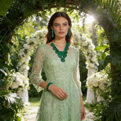 MOLOCH Flower Jewelry Sets for Women Rose Flower Petal Necklace Earrings Bracelets Set Layered Statement Accessories Summer Beach Party Jewelry Gifts - color: Green