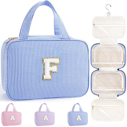 TOPEAST Gifts for Friends - Friendship Gifts for Women, Travel Toiletry Bag for Women, Hanging Toiletry Bag, Monogrammed Initial Toiletry Pouch Makeup Bag - Letter F, Blue - color: Blue, style: F