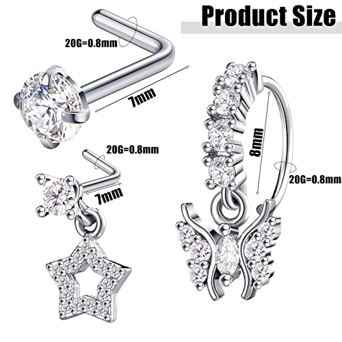 18 Pcs Dangle Nose Ring L Shaped Dangling Nose Stud Nose Ring Hoop Indian Nose Piercing Jewelry with Charm - color: Silver