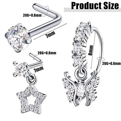 18 Pcs Dangle Nose Ring L Shaped Dangling Nose Stud Nose Ring Hoop Indian Nose Piercing Jewelry with Charm - color: Silver