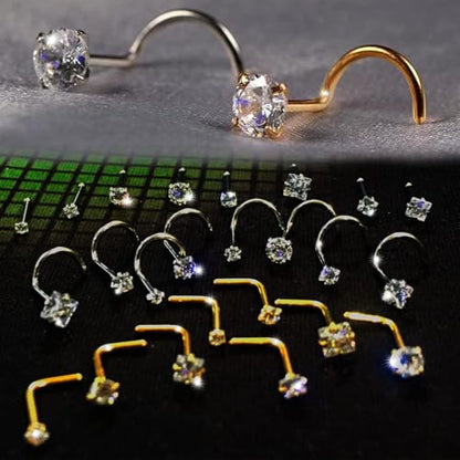 Nose Rings & Studs - 18g, 20g, 22g 14K Gold Bone Nose Studs for Women in Titanium Steel - color: 20g 8pcs Gold Screw Shaped 316L Surgical Steel