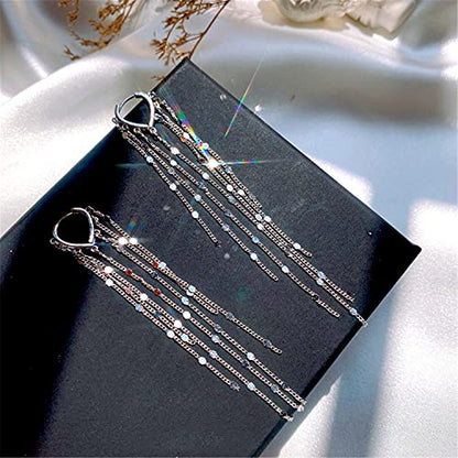 Chic Charm 14k Gold Silver Plated Big Chandelier Tassel Long Chain Geometry Huggie Hoop Dangle Drop Earrings for Women Statement Jewelry Gifts - color: Silver