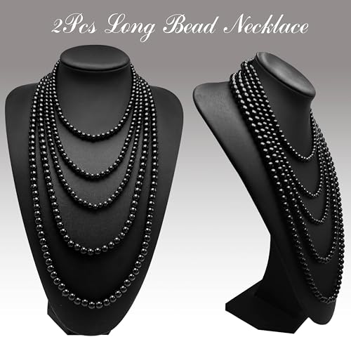 Long Pearl Necklaces for Women Cream White Faux Pearl Strand Layered Necklace Costume Jewelry - color: 2Pcs Black (6MM+8MM)