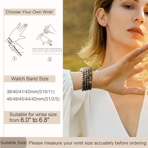 Newlibery Natural Stone Bracelet Beaded-Band Women Compatible with Apple Watch 42mm(S3/2/1) 44/45/46/49mm Feminine Handmade Stretch Strap for iWatch Series 11/10/9/8/7/6/5/4/3/2/1 SE 3/2/1 Ultra1/2/3 - color: A1 Indian Agate, size: 46(s10/11)/49/45/44/42m