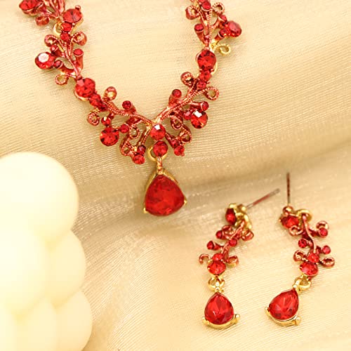 3Pcs Austrian Crystal Jewelry Set for Women, Necklace Dangle Earrings Link Bracelet Jewelry Set with Gold/Platinum/Gun Plated, Wedding Party Jewelry for Bridal Bridesmaid - color: Red-Gold Plated