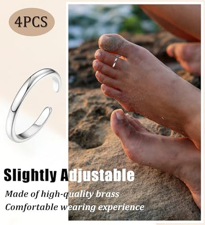 4Pcs 14K Gold Plated, White Gold Plated Toe Rings for Women | Silver Toe Rings, Hug CZ, Triple Twist, Simple Band, Open Toe Rings, Adjustable, Waterproof - color: Silver