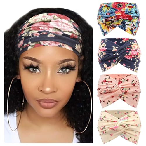 DRESHOW 4 Pack Turban Headbands for Women Wide Vintage Head Wraps Knotted Cute Hair Band Accessories - color: 4 Pcs Printed: Set Df