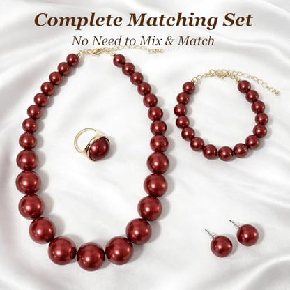 Pearl Jewelry Set for Women Pearl Necklace and Earring Set Bridal Jewelry Set for Wedding Elegant Pearl Jewelry - color: A1：SET-4-Burgundy
