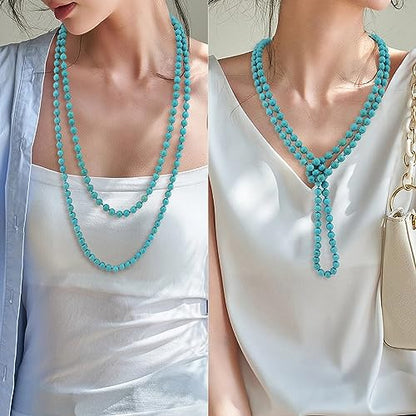 Firstmeet Fashion Beads Rope Knot Long Beaded Necklace Versatile 60" Strand Costume Jewelry for Women - color: Tur