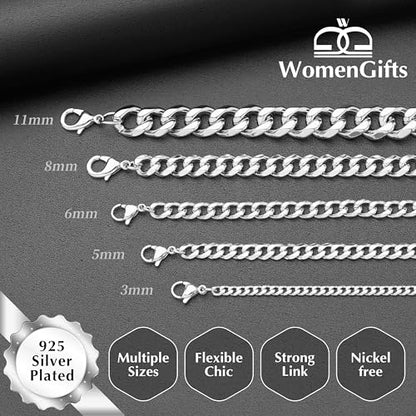 WomenGifts Cuban Link Chain Necklace for Women, Waterproof 14k Gold Silver Plated Chain Choker, Non Tarnish Stainless Steel Jewelry, 3.5/5/6/8/11mm,14/16/18 Inch Thin&Chunky&Thick - color: Silver, style: 5MM-16"