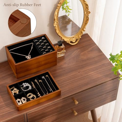 ProCase 4-Set Bamboo Stackable Jewelry Organizer Tray, Jewelry Drawer Inserts Container Display Case Storage for Earring Necklace Rings Bracelet with Removable Dividers -Black