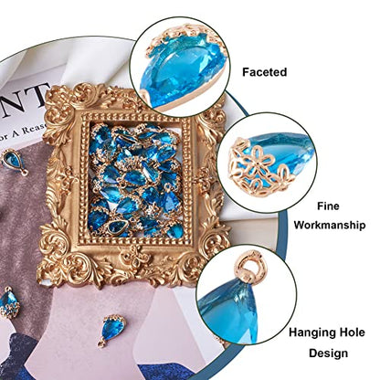 Cheriswelry 50pcs Faceted Teardrop with Flower Transparent Glass Charms Dodger Blue Crystal Dangle Pendants 16x9mm for DIY Craft Earring Bracelet Necklace Jewelry Making Supplies - color: Dodger Blue