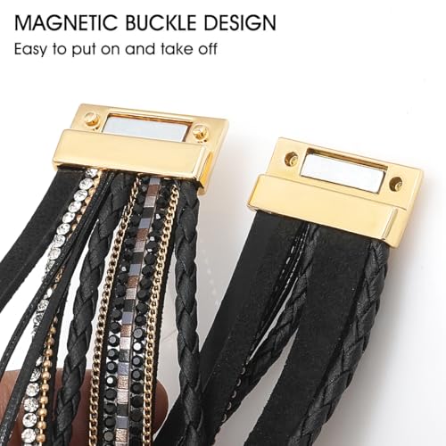 Suyi Multilayer Leather Wrap Bracelet Heart-Shape Wide Bracelets for Women - color: Black