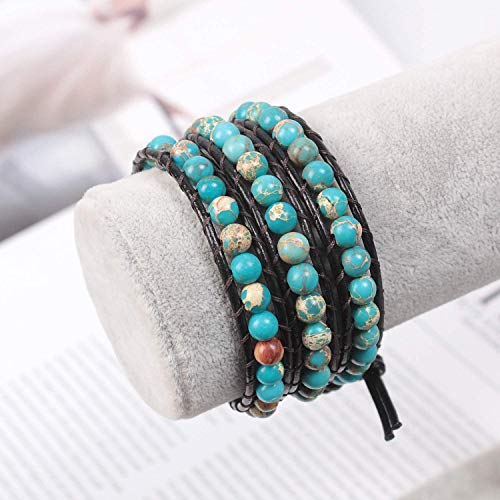 Boho Wrap Bead Bracelet for Women - Handmade Adjustable Natural Stone Beaded Bracelets Yoga Healing Bracelet Bangle Hippie Jewelry - color: Blue Emperor Stone